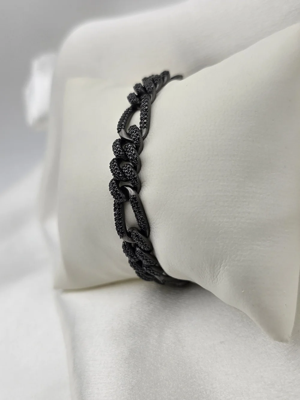 Black Rhodium Over Sterling Silver Pave Moissanite Luxury Figaro Link Bracelet